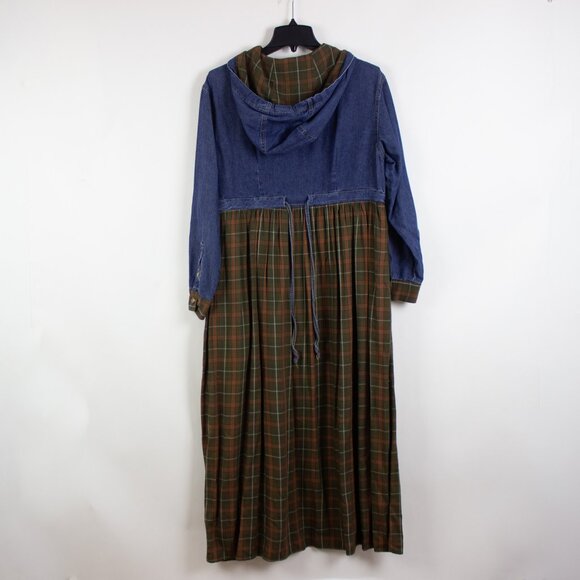 Vtintage Jones New York Denim Maxi Dress Hooded Contrast Plaid Modest Prairie - Picture 3 of 9